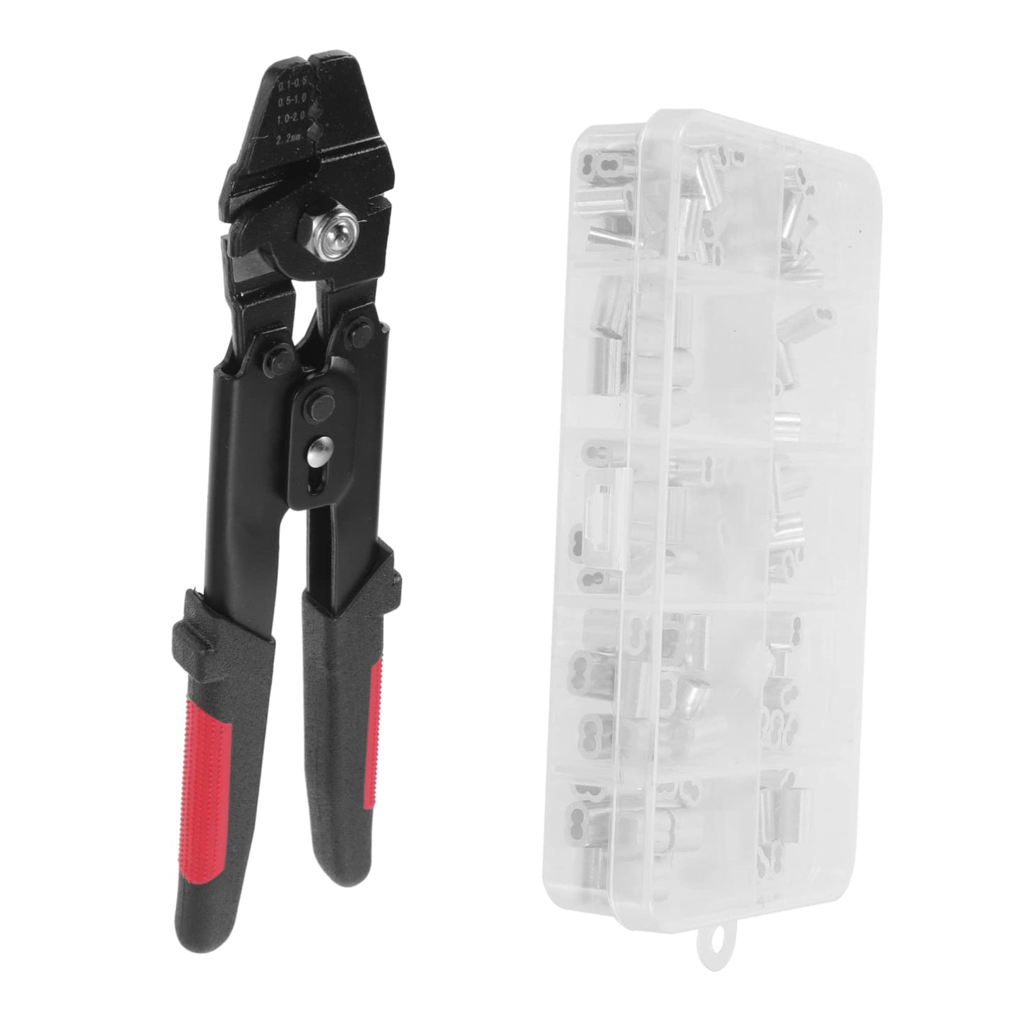 BELLIFFY 1 Set Ferrule Crimping Tool Kit with Wire Rope Cutter Non Slip Handle Self Locking Mechanism Ferrules for Fishing Outdoor and Projects