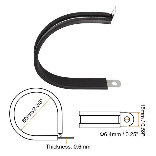 uxcell 6Pcs 2-3/8 Inch(60mm) Cable Clamp 304 Stainless Steel Rubber Cushioned Insulated Clamp R Shape Metal Clamp for Tube Pipe Wire