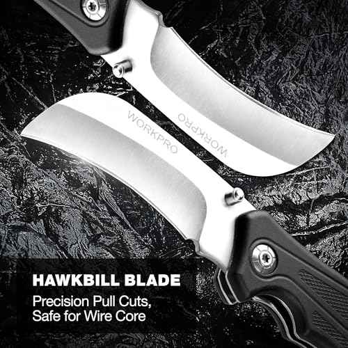 WORKPRO Pocket Knife, Hawkbill Folding Utility Knife with Lanyard Hole and Belt Clip, Electrician Knife for Cable Skinning and Carpet, Linoleum, Cardboard, Rope, Wire Cutting