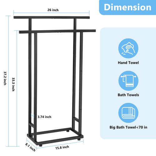 Standing Towel Racks for Bathroom, 2 Tier Bathroom Floor Free Standing Towel Rack, Tall Enough Pool Bath Drying and Dispaly Outdoor Stand for Storage, Black Freestanding Blanket Holder, ALHAKIN