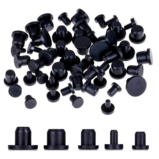 50 PCS 5 Sizes Rubber Hole Plug Silicone Plugs Waterproof Hole Plug Black Round Rubber Waterproof Button-Hole for Metal Tube, Furniture End Caps Inserts, Black