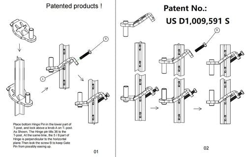 T-Post Gate Hinge Pins - Heavy Duty Gate Hanger, Hang a gate from a Metal T Post, Steel Gate Hinges Target Hanger for Farm Gate, Garden & Backyard Gate, Easy to Install. (Patent)