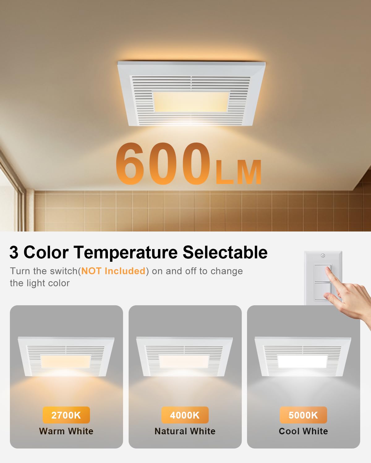 GROWNEER Bathroom Exhaust Fan with Light, 110 CFM 1.0 Sone Exhaust Fan No Attic Access Needed, Ceiling or Wall Mount, 7.68 x 9.25 inch, 35W Bathroom Fan with LED Light 3CCT Adjustable 600LM, White