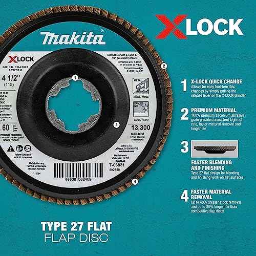 Makita T-03947 X-Lock 4?1/2" 80 Grit Type 27 Flat Blending and Finishing Flap Disc for X-Lock and All 7/8" Arbor Grinders
