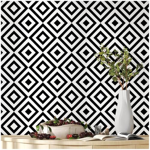 Black and White Wallpaper Peel and Stick Modern 17.3"¡¿78.8" Removable Self Adhesive Wallpaper Geometric Contact Paper for Cabinets Waterproof Rhombus Decorative Wall Paper for Bathroom Vinyl