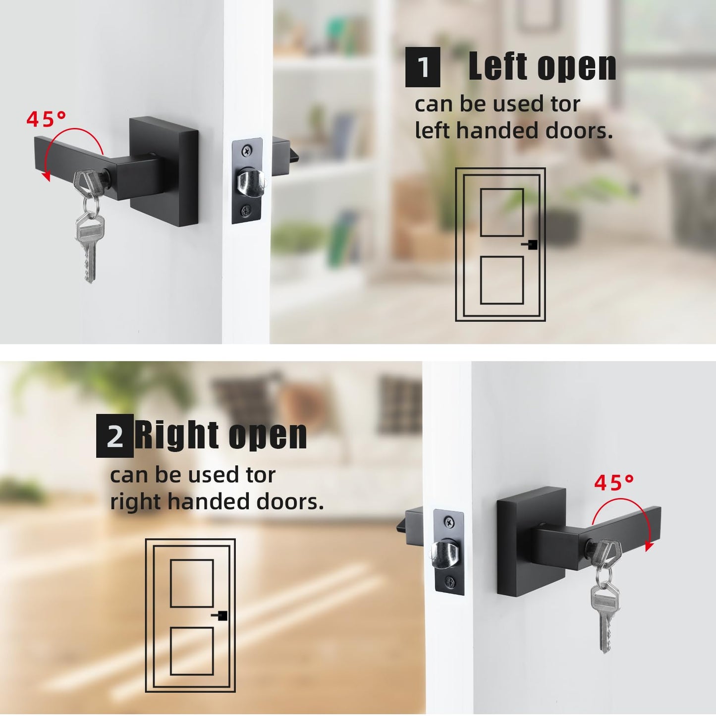 JO.KO Entry Door Lock Set, Square Door Lever for Bedroom, Passage Door Privacy Locking Interior/Exterior Entry Door Knob/Heavy Duty