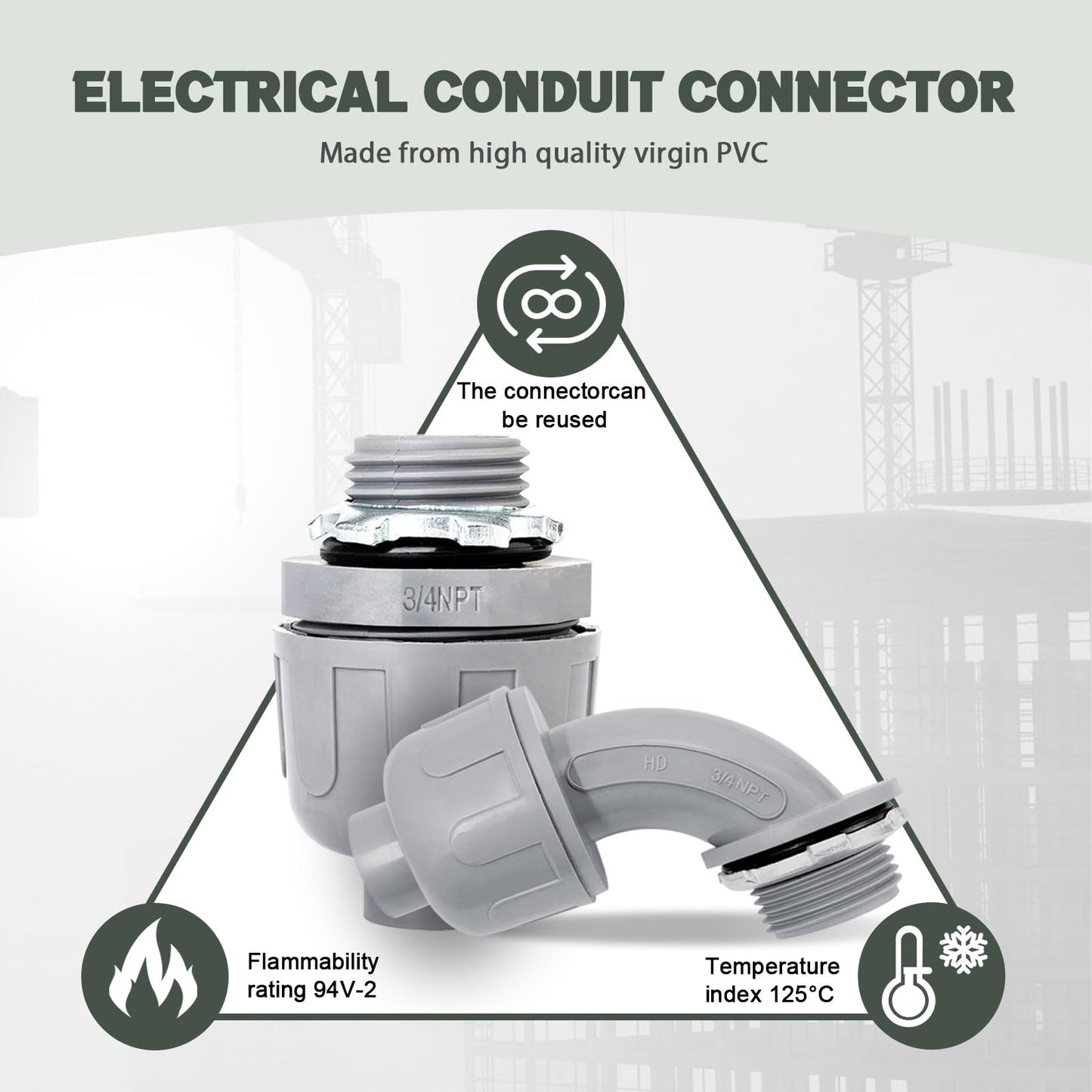 Feotech 30 Pack 3/4 Inch Liquid Tight Connectors - PVC Electrical Conduit Fittings, Straight, 90 and 180 Degree Non-Metallic Flexible Connectors for Home, Bathroom, and Kitchen, Gray