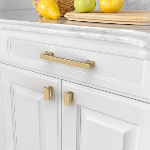 Amerdeco 10 Pack Champagne Bronze Cabinet Knobs 1.46 Inch(37mm) Solid Gold Kitchen Cabinet knobs Rectangle Brushed Brass Drawer Knobs and Pulls for Bathroom Cabinets ZH00013