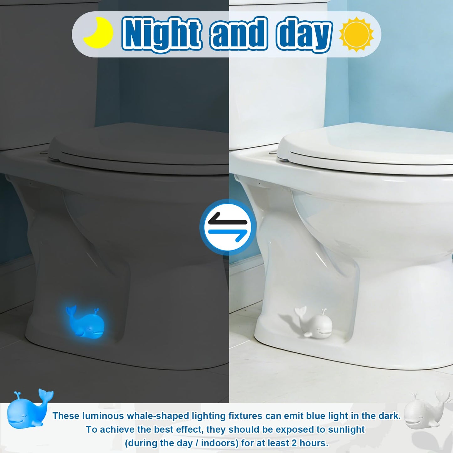 Junkin 2 Pcs Whale Toilet Bolt Covers Decorative Blue Whale Absorb Strong Light Glow in The Dark Toilet Screw Caps Luminous Pla Hide Rusty Bolts Bathroom Decor Accessories for Bolts Bathroom Decor