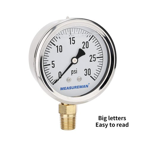 MEASUREMAN 2-1/2inch Dial Size, Glycerin Filled Plumbing Pressure Gauge, 0-30psi, Stainless Steel Case, 1/4inch NPT Lower Mount