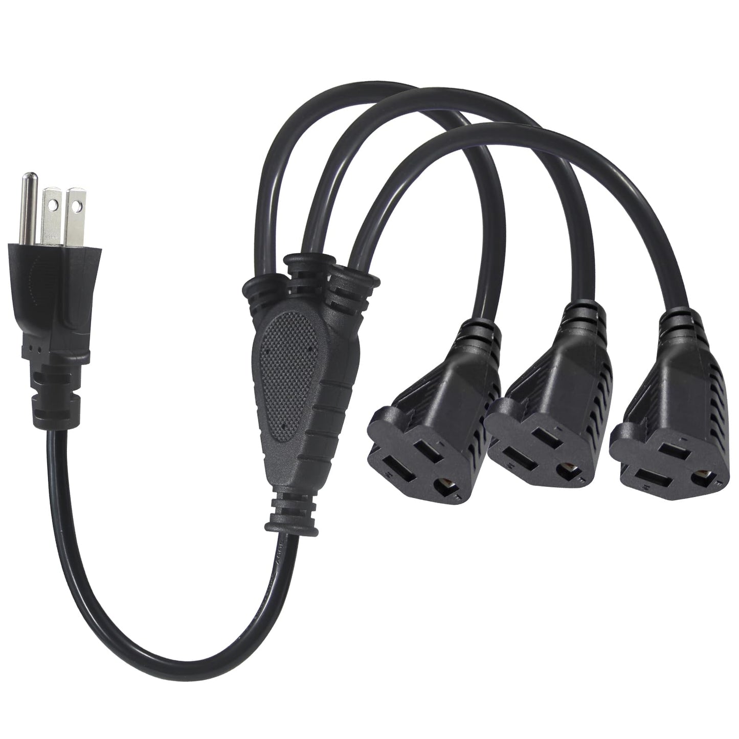 KUNCAN 3-Way Splitter Extension Cord - 3 Prong 1 to 3 Way Power Splitter, 1FT 18AWG 10A/1250W, NEMA 5-15P to 3X NEMA 5-15R Y Style 3-Outlet Extension Cord for Home, Room, Office(Black 1-Pack)