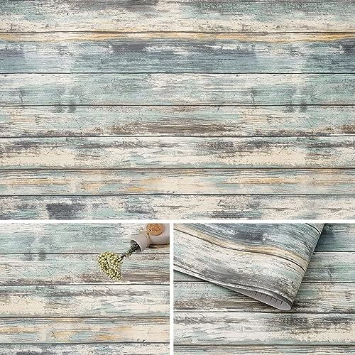 Blue Rustic Wood Wallpaper Peel and Stick 17x120 Inches - Removable Vinyl Wall Covering for Furniture & Walls