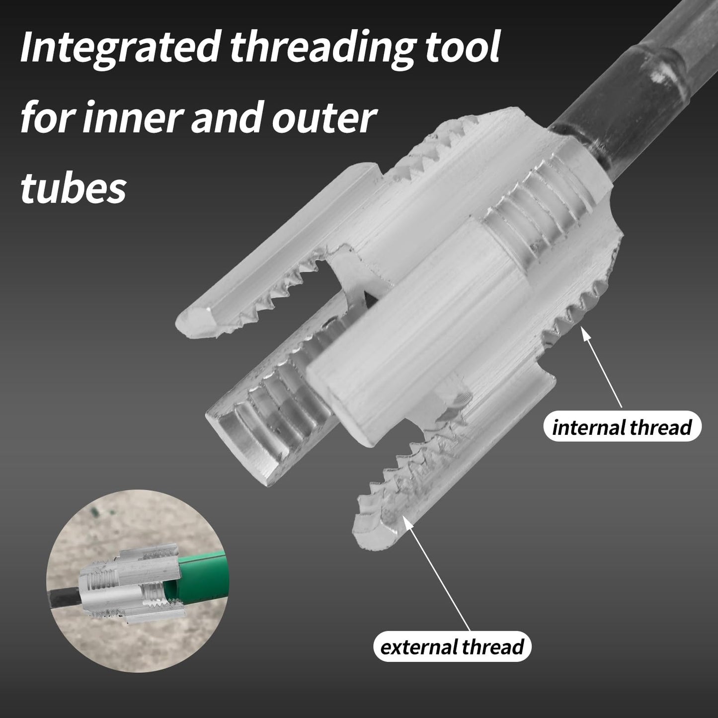 2pcs Integrated Internal & External Pipe Threading Tool, Alloy Steel 1/2” and 3/4” PVC Pipe Thread Cutting Tool Set with 2 Roll Thread Seal Tapes for Electric Drill