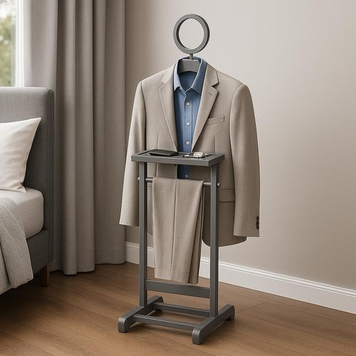 Ergode Carson Valet Stand, Compact Organizer for Clothing and Accessories, Wooden Suit Rack with Hanger, Tray, and Trouser Bar, Ideal for Bedroom, Closet, Office, or Dressing Area