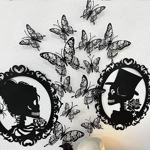 12PCS Butterfly Wall Stickers, 3D Double-Layer Skull Butterflies Wall Decals Halloween Wall Decor Gothic Black Butterfly Design Halloween Wall Stickers for Home Room Bedroom Festival Party Decoration
