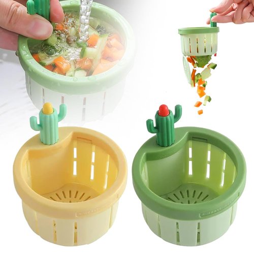 Cactus Kitchen Sink Drain Strainer, 2025 New Multifunctional Kitchen Sink Drain Strainer Press Automatic Dumping Basket, Upgrade Self-Cleaning Faucet Hanging Filter Basket (Green+Yellow)