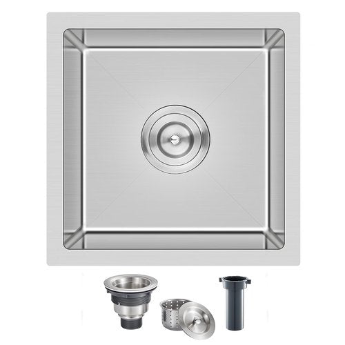 MENATT 15 x 15 Inch Undermount Bar Sink, Single Bowl Handmade Stainless Steel Small Kitchen Bar Sink, 15" x 15" x 8"