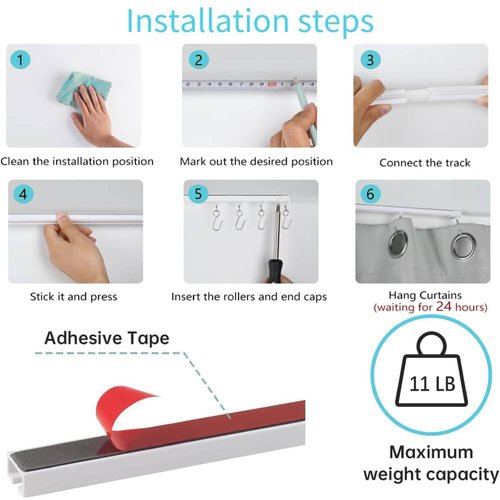 OEOEKHDJ Self Adhesive Ceiling Or Wall Curtain Track No Drill Curtain Rod 8FT/96Inch, No Damage Curtain Track Hangers, For Windows Cabinet Closet Bathroom Shower Curtain (8FT)