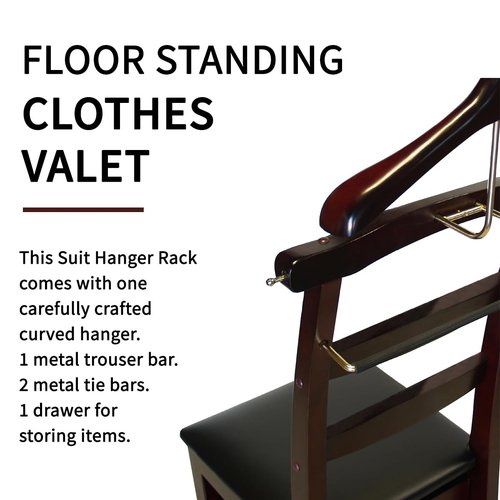 ZCXBHD Suit Valet Stands for Women and Men with Drawer Freestanding Clothes Rack with Trouser Bar and Tie Bar Wooden Chair Valet Stand(Brown AA)