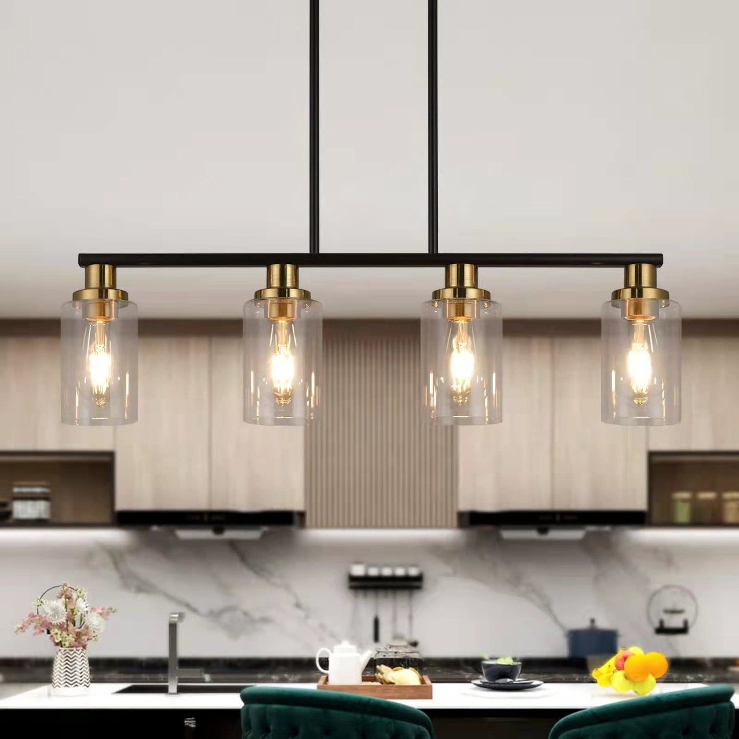 KPIOK Island Lights for Kitchen, 4-Light Farmhouse Dining Room Light Fixtures Over Table, Matte Black and Gold Linear Chandeliers for Dining Room，Industrial Pendant Lighting with Clear Glass Shade