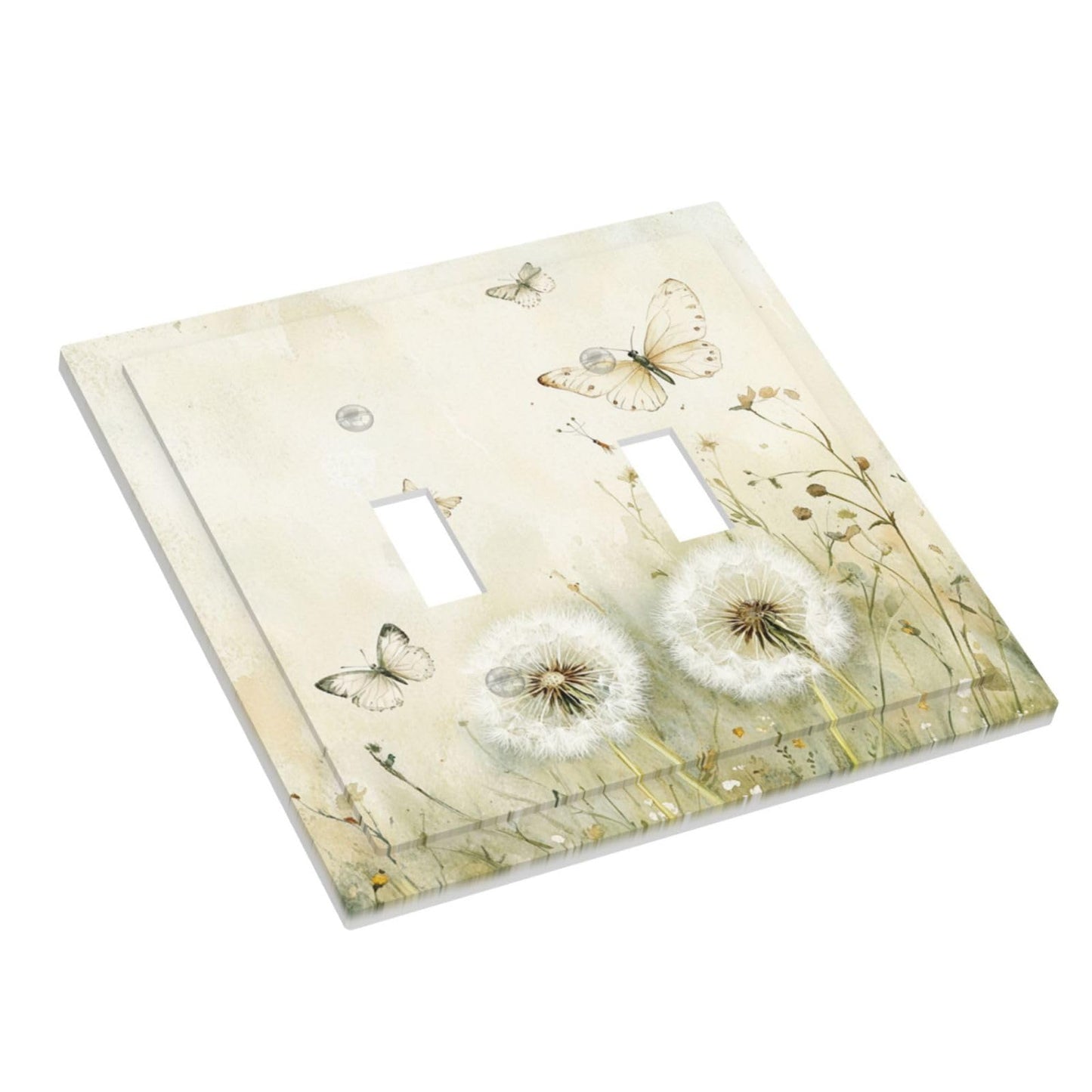 Xuejiaku Decorative Light Switch Cover Beige Butterflies Dandelions Wildflowers 2 Gang Wall Plates Double Toggle Switch Plate Decora Electrical Outlet Cover Faceplates for Bathroom Bedroom Decor