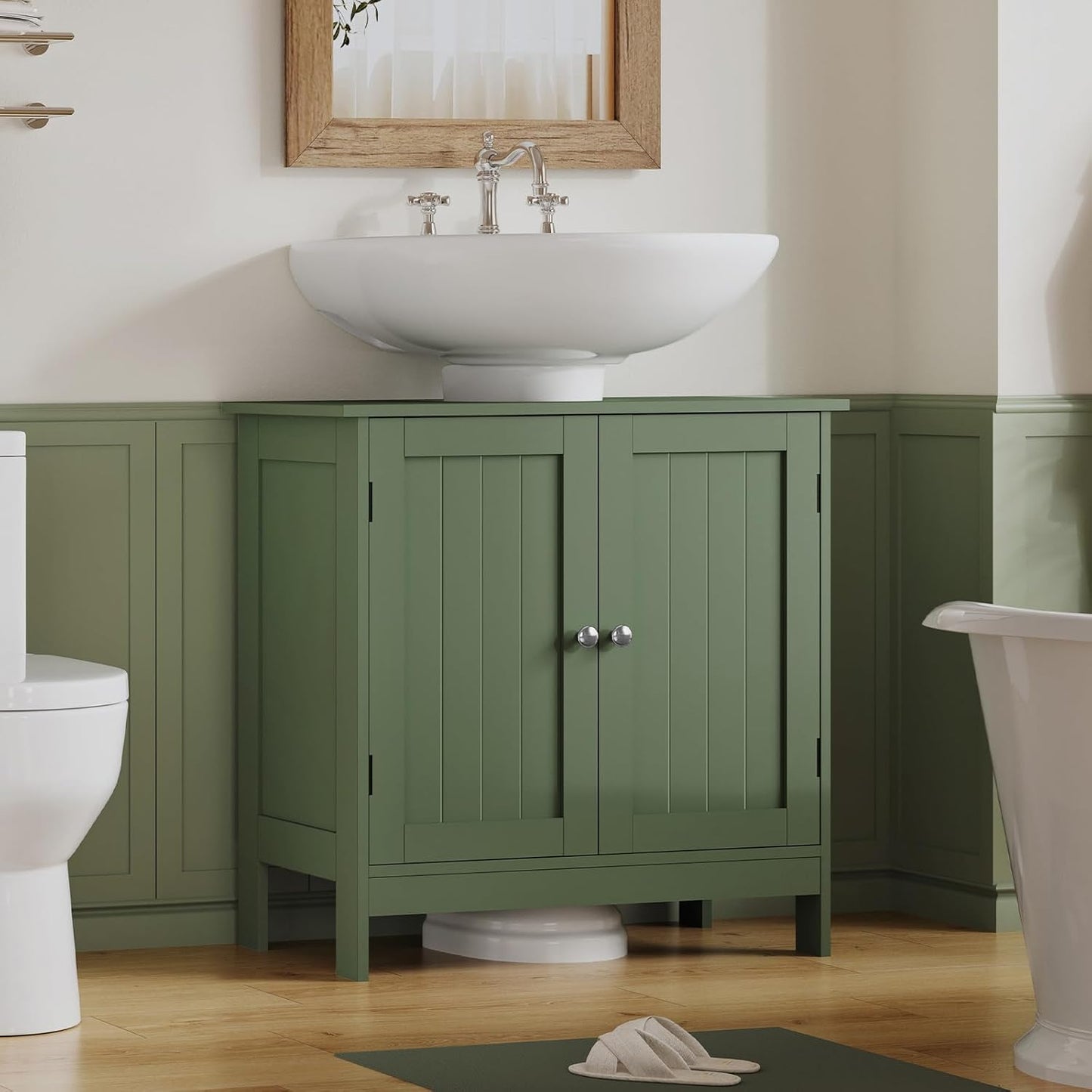 Pedestal Sink Storage Cabinet, Under Sink Cabinet with 2 Doors & Storage Shelf, Under Bathroom Organizer for Bathroom, Forest Green