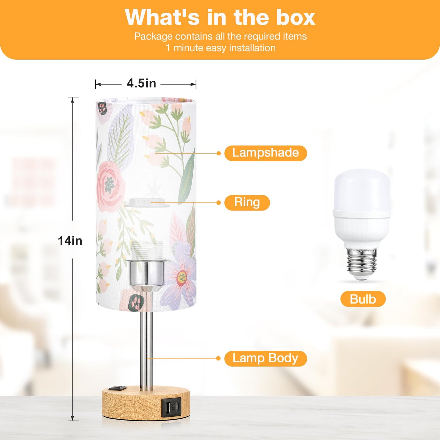 Fenmzee Floral Touch Lamp for Bedroom- 3 Way Dimmable Bedside Lamp USB C A Charging Ports and AC Outlet, Small Table Lamp Floral Linen Lampshade for Gift, LED Bulb Included
