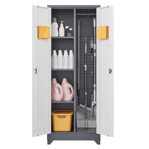 LUCYPAL Broom Closet Storage Cabinet,Utility Closet with Shelves and Hanging Rod for Brooms and Mops,Tool Cabinet for Bathroom,Kitchen,Garage,Warehouse,White&Grey,65" H
