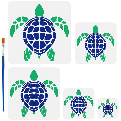 FINGERINSPIRE 5 PCS Turtle Stencil with 1Pc Plastic Paint Brush 5 Sizes Turtles Pattern Plastic Stencil Ocean Theme Template for Painting on Wood Wall Canvas Fabric Furniture DIY Home Decoration