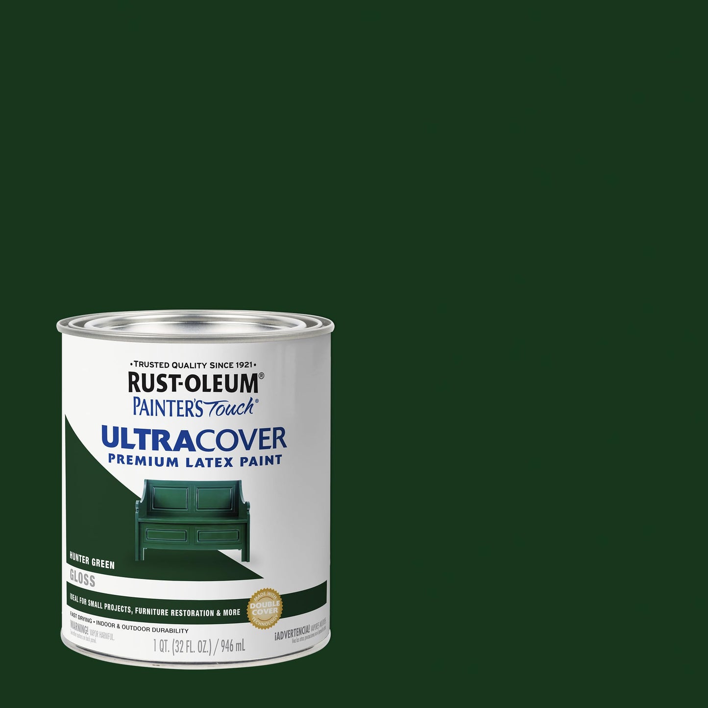 Rust-Oleum 1938502 Painter's Touch Ultra Cover Premium Latex Brush On Paint, Quart, Gloss Hunter Green