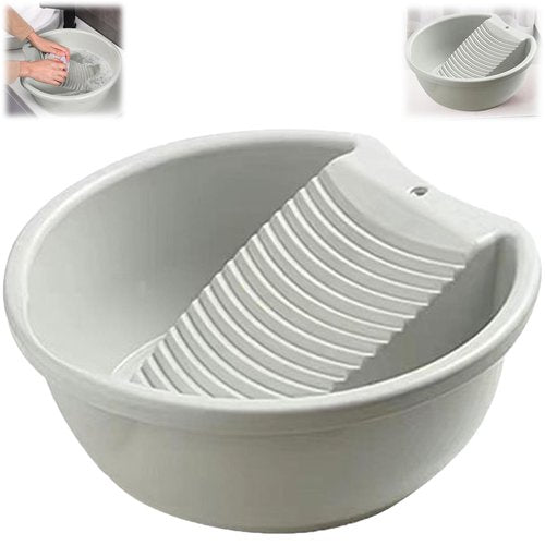 Washboard 𝘽𝙖𝙨𝙞𝙣 for Hand Washing Clothes, Plastic Washtub with Built-in Washboard, Non-Slip Design for Delicate Laundry, Ideal for Home, Dorm, Camping & Travel Use (Grey)