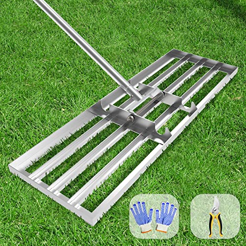 Dremmt 30x10 Inch Lawn Leveling Rake - Heavy Duty Landscape Tool with 6.5FT Stainless Steel Handle