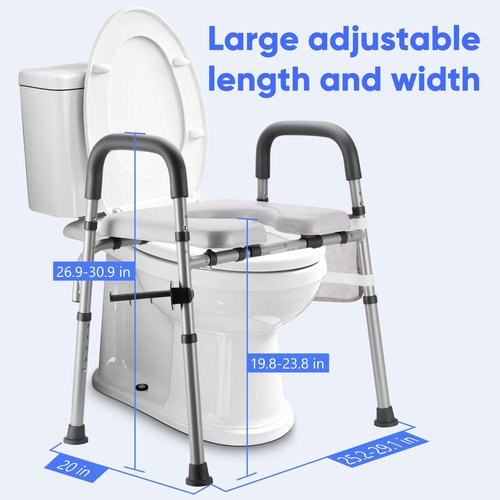 Raised Toilet Seat with Handles, Toilet Seat Riser for Seniors with Adjustable Height & Width. Cozy Padded 500lb Handicap Elevated Toilet Seat for Elderly, Surgery, Pregnant. Fit Any Toilet