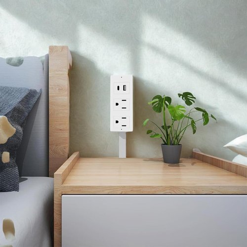 180° Swivel Wall Outlet Extender Stick with 2 AC Plugs & USB-A/USB-C, Extendable Rotating Power Socket Expander (22-34 Inch) for Behind Couches, Furniture - Electrical Plug Extension (1pc)