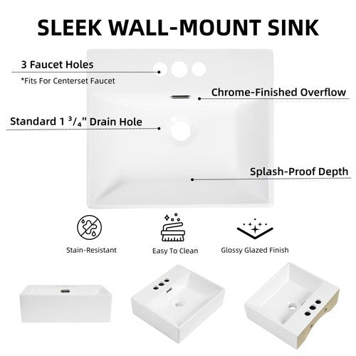 16"W x 14"D Wall Mounted Bathroom Sink With 3 Pre-drilled 4-Inch Faucet Holes, Los Flexi 16 Inch White Rectangular Ceramic Vessel Sink With Overflow, Compact Wall Hung Sinks for Small Bathrooms