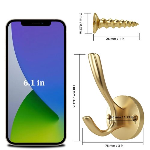 ZUONAI Metal Gold Hooks 2 Pack Brushed Gold Bath Hooks for Towels Heavy Duty Metal Coat Hook for Hanging Coats and Hat Wall Mounted Towel Hanger for Bathrooms Clothing Double Hanger for Bedroom