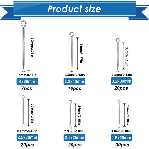 Eoppen Cotter Pin Assortment Kit 304 Stainless Steel 13 Sizes Hardware Pins & Hairpin R Clips for Hitch Pin Lock Systems