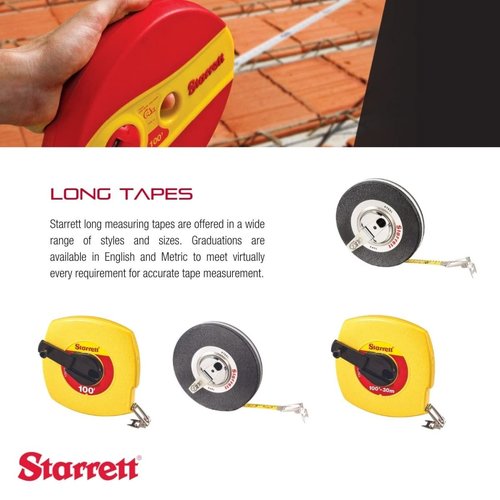 Starrett Retractable Imperial Long Line Tape with ABS Plastic Case and Folding Hook Ring - 100' Length, 3/8" Width, 1/8" Graduation, L1 Graduation Style Number - KTS510-100-N