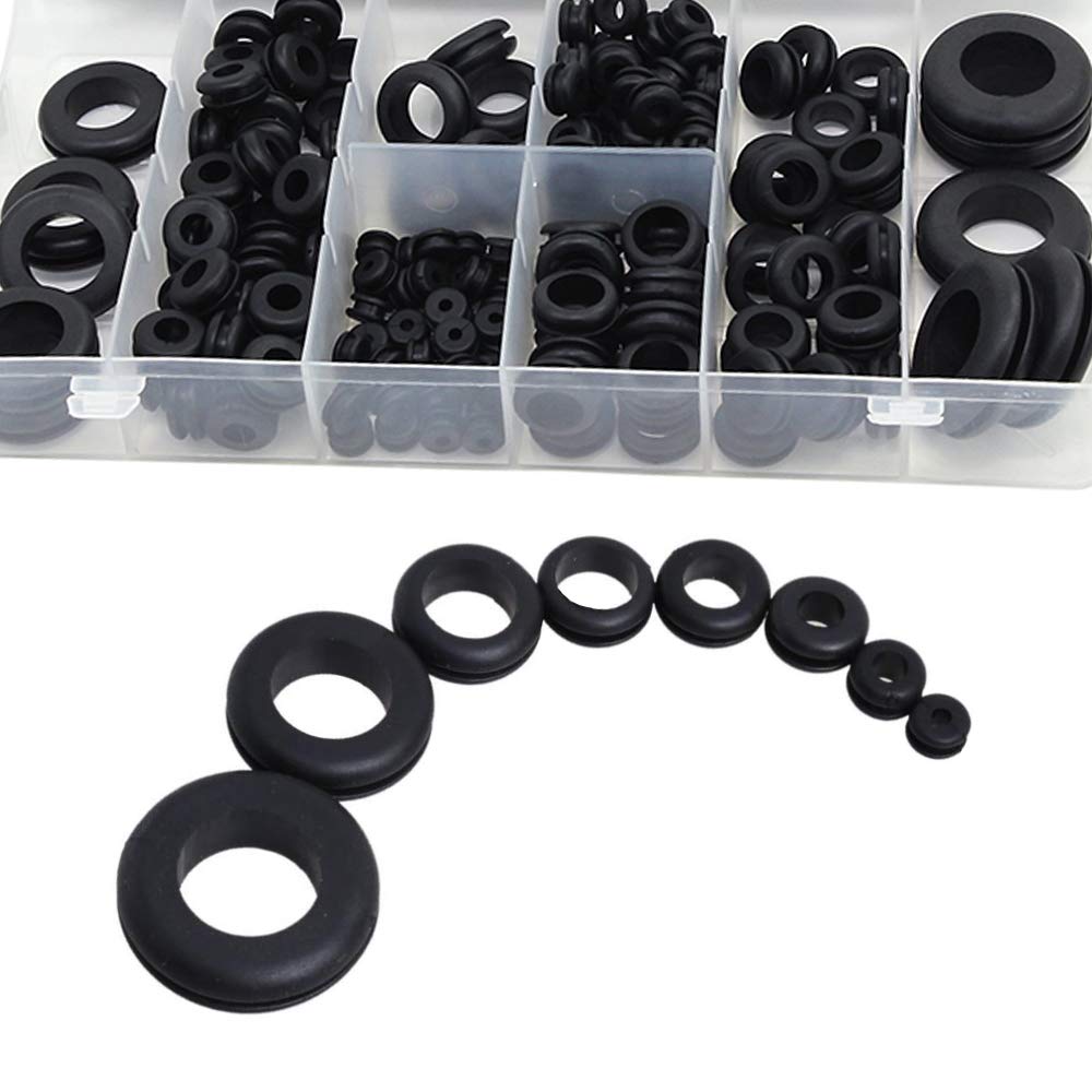 Wolfride 180Pcs Black NBR Rubber Grommet Assortment Kit - 8 Sizes: 1/4", 5/16", 3/8", 7/16", 1/2", 5/8", 7/8", 1" - Grommet Set