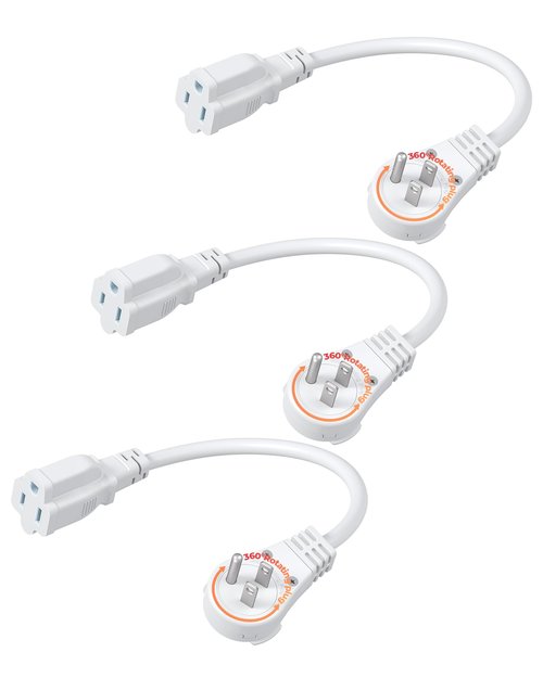 DEWENWILS 360° Rotating Flat Plug Extension Cord 1 Foot, 14/3 Gauge 3 Prong Grounded Wire, 15A/1875W Heavy Duty Power Cord, Space-Saving Size for Indoor Narrow Space, ETL Certified, 3-Pack (White)