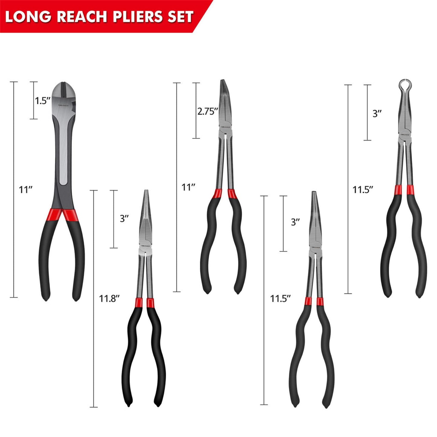 TOOLEAGUE 5Pcs Extra Long Needle Nose Pliers Set, 11" Long Reach Straight,45/90 Degree Bent Nose,Diagonal Pliers and O-shape Tip Craft Repairing Tool