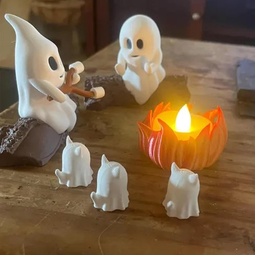 Ghost Campfire Gathering, Ghost Campfire Nightlight, Halloween Nightlight, Cute Cozy Spooky Statue Halloween Decorations for Home Mantel or Desk (with Dog)