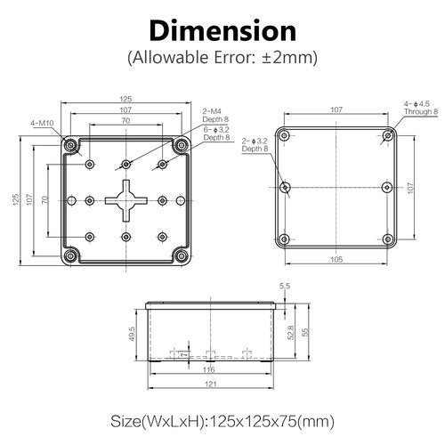 LeMotech Junction Box IP67 Waterproof Dustproof ABS Plastic Project Box for Electrical Outdoor Enclosure Gray 4.9 x 4.9 x 3 inch (125 x 125 x 75 mm)
