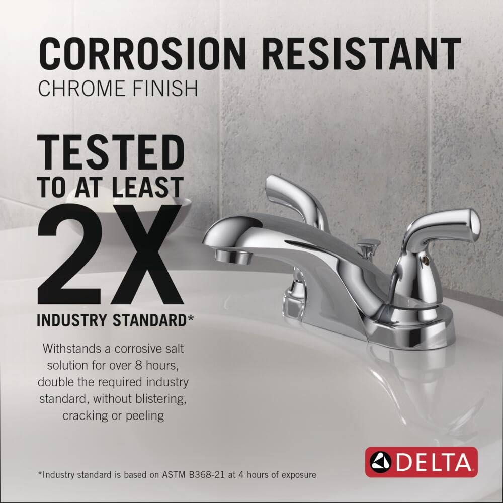 Delta Faucet Foundations Centerset Bathroom Faucet, Chrome 2-Handle Bathroom Faucet, Delta Bathroom Sink Faucet, Metal Push-Pop Drain Assembly, Chrome B2510LF