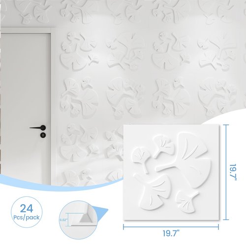 LooYee 24 PCS Ginkgo Biloba 3D Wall Panels 19.7" X 19.7" Wall Panels for Interior Wall Decor Minimalist Modern Style Ideal for Bedroom Headboards Living Room Accent Walls Cover 64.Sq.Ft.