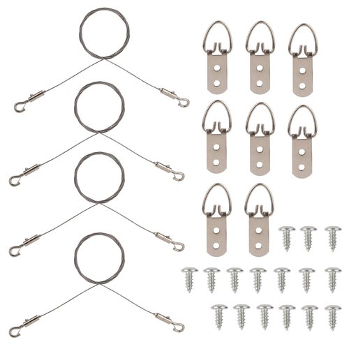 Adjustable Picture Hanging Wire Kit, Supports up to 50lbs Include 4pcs Picture Hanging Wire Hanger Hardware & 8 D Rings & 16 Screws, for Art Pictures Mirrors Billboards Frame Canvas