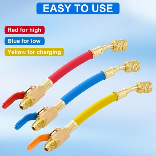 R134A R410A R22 R12 AC Charging Hoses, 7" Length Charging Hose Ball Valves, 3 Colored Coded Hose, HVAC Ball Valve Hoses Red and Blue 1/4 Male x 5/16 Female,Yellow 1/4 Male and Female