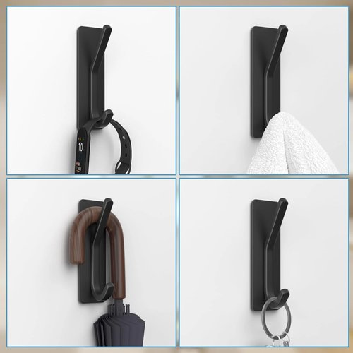 Black Command Hooks for Wall - 6 Pack Matte Black Curved Double Hooks, Multi-Use Hangers for Coats, Towels & Robes, No Damage Removable Organizers for Bathroom & Bedroom Doors