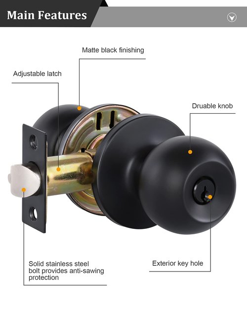 Lanwandeng Matte Black Door Knobs with Lock and Keys, Interior/Exterior Door Knob for Bedroom or Bathroom, Entry Door Lock