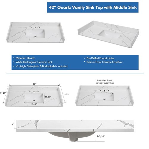 EQLOO 42 in.W x 22 in.D Quartz Calacatta River Vanity Top,with Undermount Middle Sink Vanity Top,with Two Sidesplash & One Backsplash,8 Inch Faucet Hole Spread Bathroom Vanity Sink Countertop